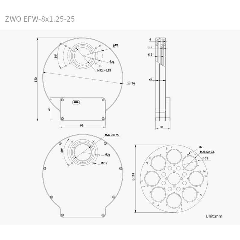 ZWO Roda de filtros EFW 8x 1,25"