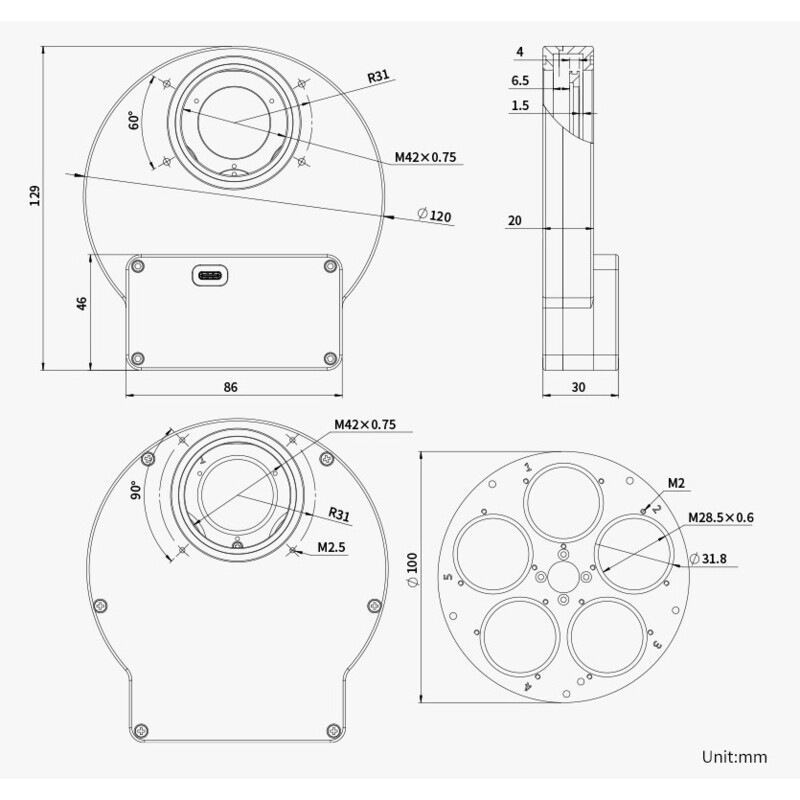ZWO Roda de filtros EFW 5x 1,25"