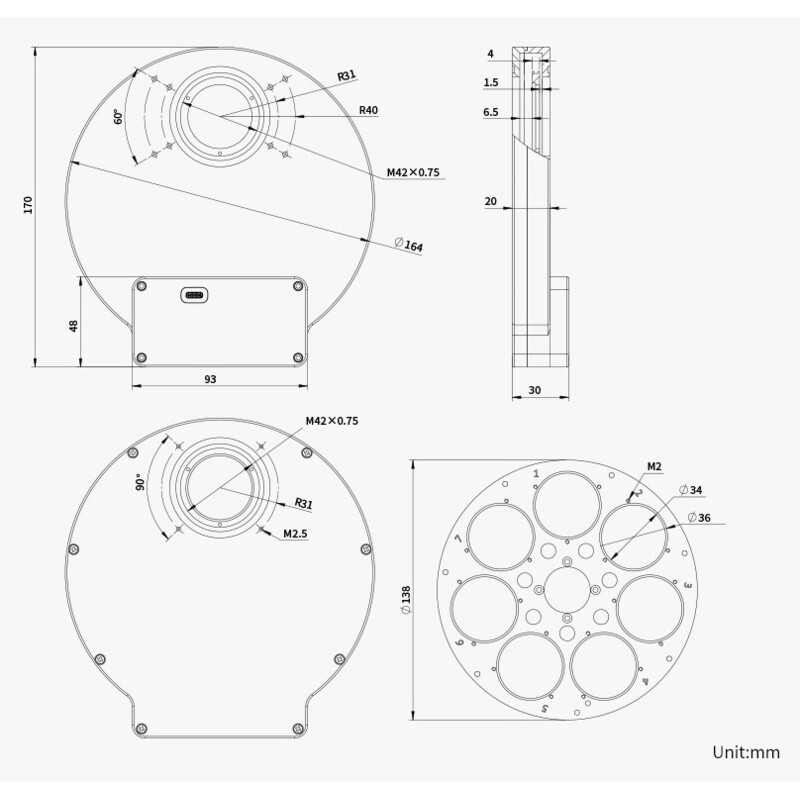 ZWO Roda de filtros EFW 7x 36 mm